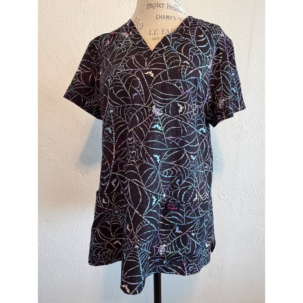 Betsey Johnson Womens Scrub Top Large Black Spiderweb Bat Halloween V-Neck